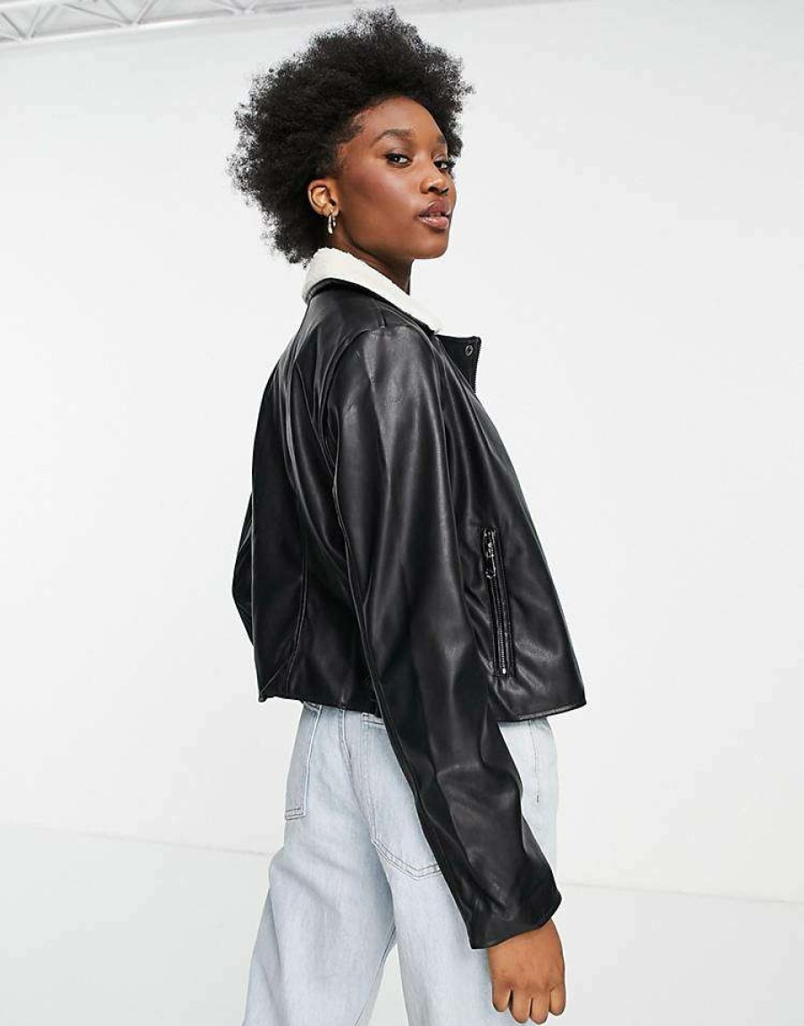 Outerwear * | Wednesday'S Girl Biker Jacket With Sherpa Collar In Faux Leather For Women Black