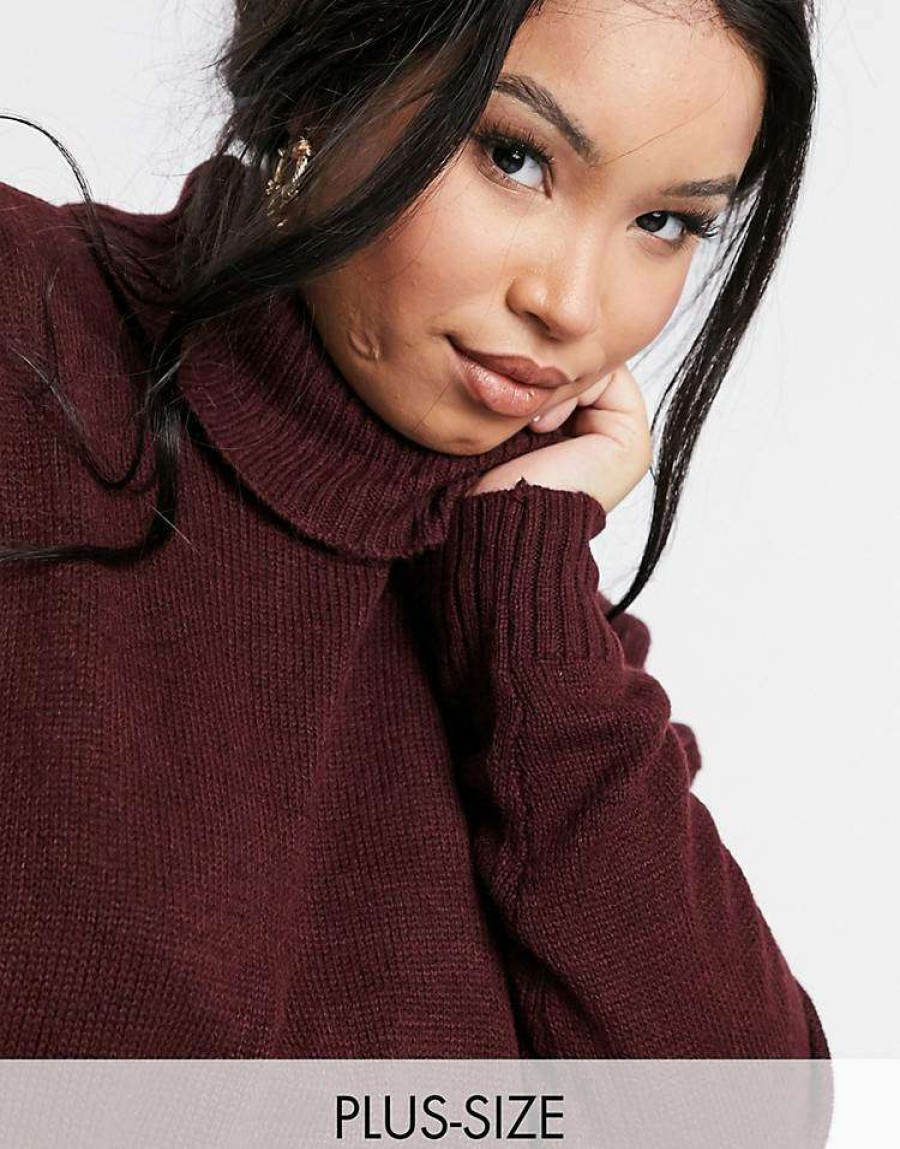 Knitwear & Sweats * | Wednesday'S Girl Curve High Neck Jumper With Pockets For Women Burgundy