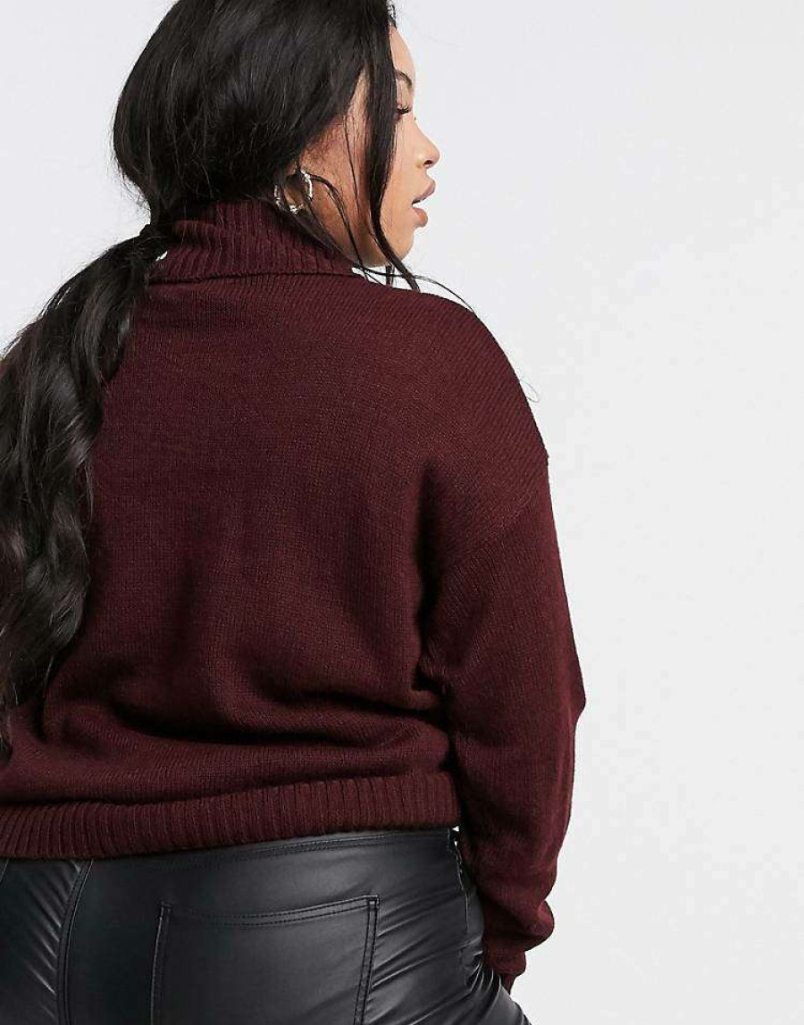 Knitwear & Sweats * | Wednesday'S Girl Curve High Neck Jumper With Pockets For Women Burgundy