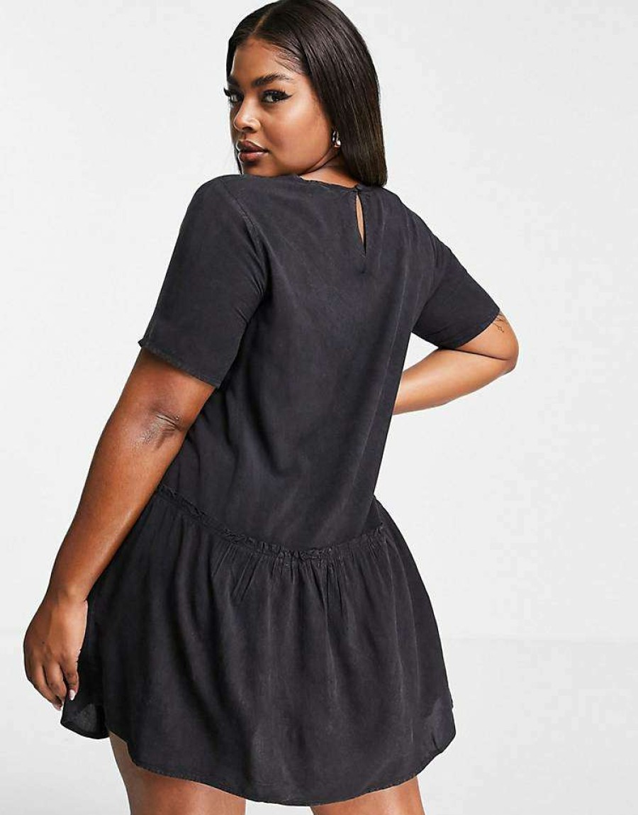 Dresses * | Wednesday'S Girl Curve Mini Smock Dress In Vintage Wash Denim For Women Washed Black Denim