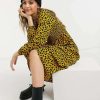 Dresses * | Wednesday'S Girl Long Sleeve Midi Dress With Shirred Waist In Sketchy Animal Print For Women Mustard Animal