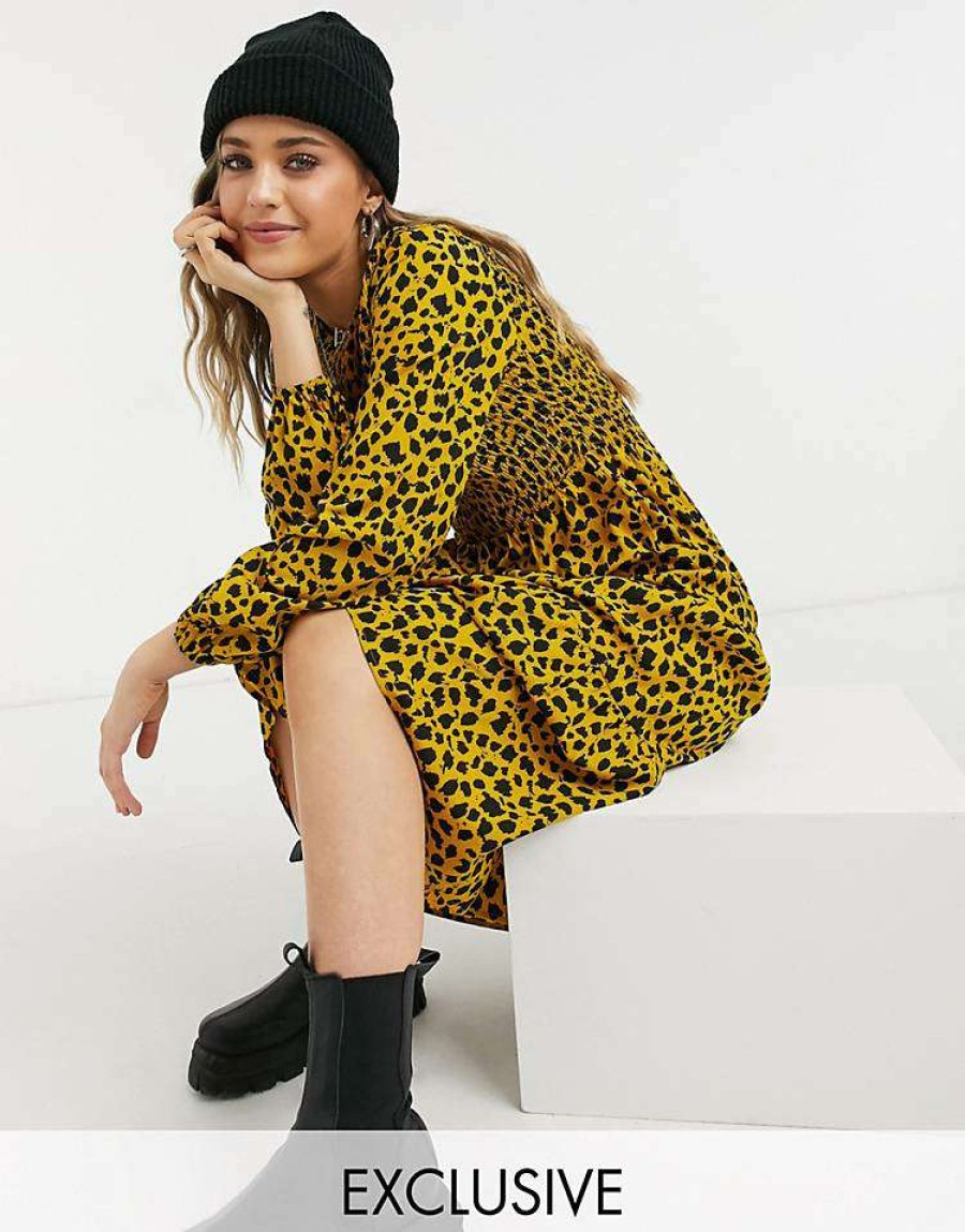 Dresses * | Wednesday'S Girl Long Sleeve Midi Dress With Shirred Waist In Sketchy Animal Print For Women Mustard Animal