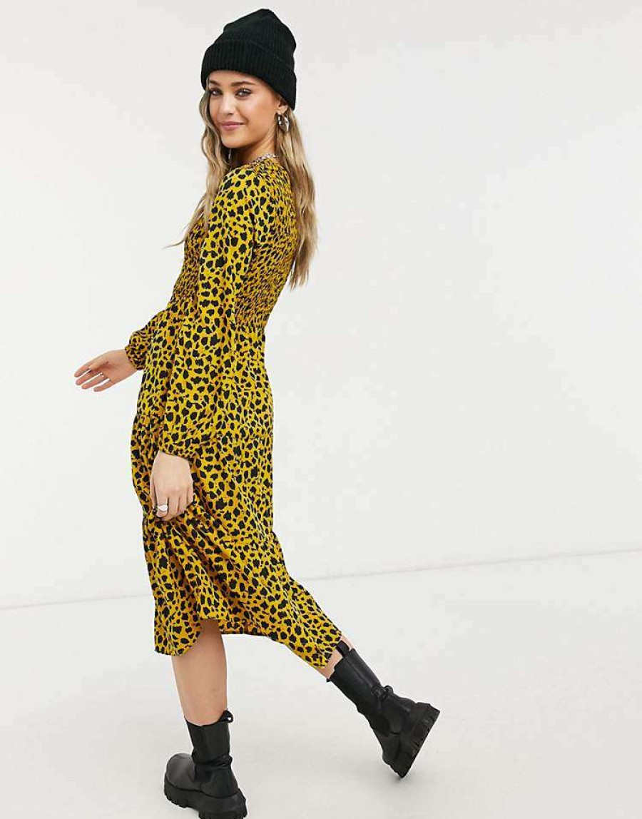 Dresses * | Wednesday'S Girl Long Sleeve Midi Dress With Shirred Waist In Sketchy Animal Print For Women Mustard Animal