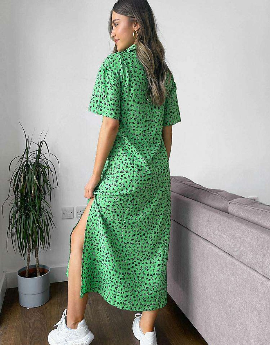 Dresses * | Wednesday'S Girl Relaxed Midi Shirt Dress In Ditsy Floral For Women Green Floral