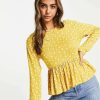 Tops * | Wednesday'S Girl Relaxed Smock Top With Peplum Hem In Ditsy Floral Print For Women Mustard Floral