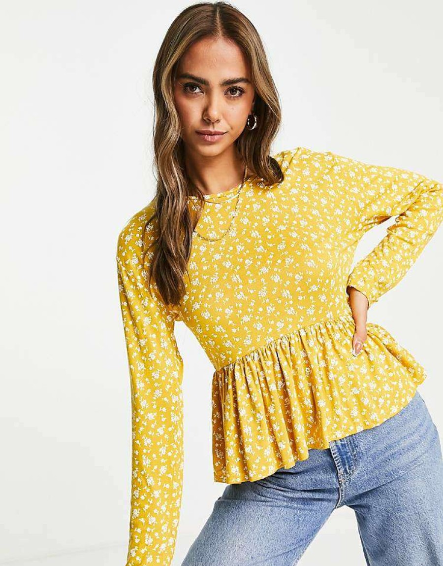 Tops * | Wednesday'S Girl Relaxed Smock Top With Peplum Hem In Ditsy Floral Print For Women Mustard Floral