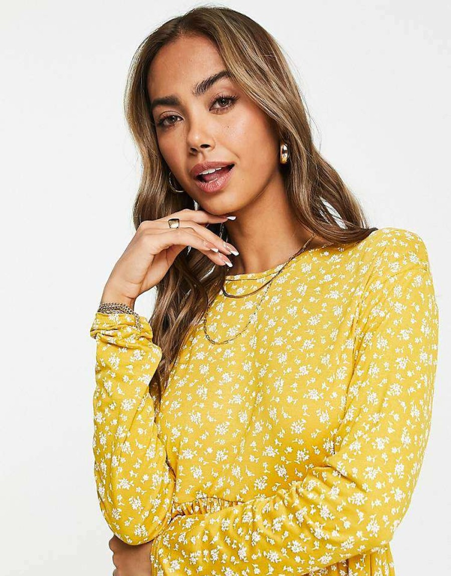 Tops * | Wednesday'S Girl Relaxed Smock Top With Peplum Hem In Ditsy Floral Print For Women Mustard Floral