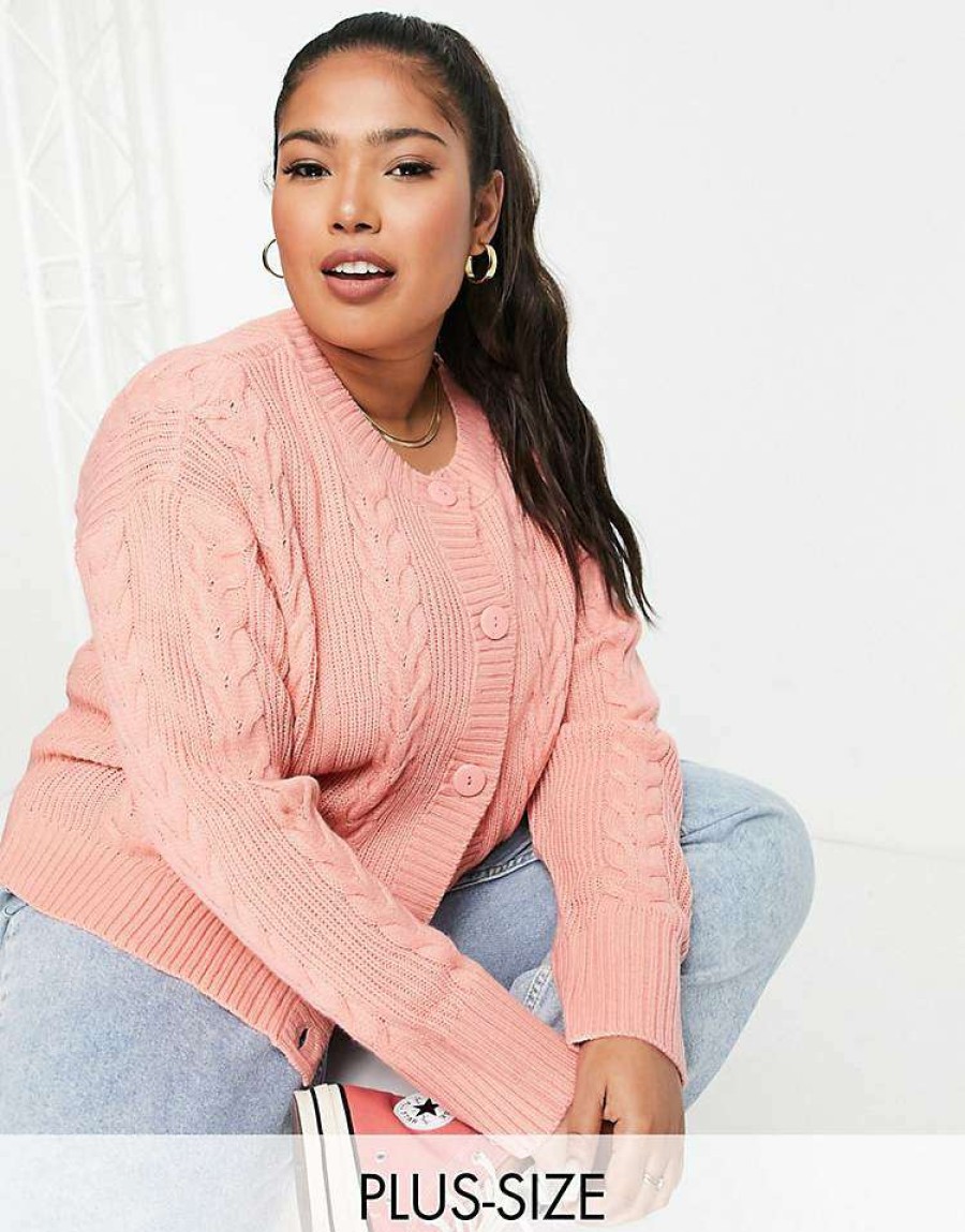 Knitwear & Sweats * | Wednesday'S Girl Curve Cardigan With Vintage Stitch Detail For Women Rose Pink