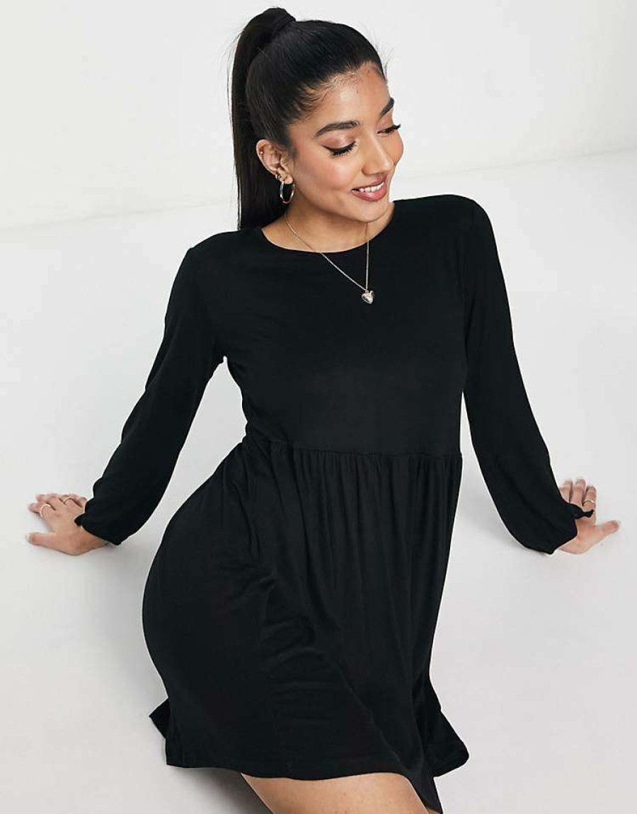 Dresses * | Wednesday'S Girl Long Sleeve Mini Smock Dress For Women Black