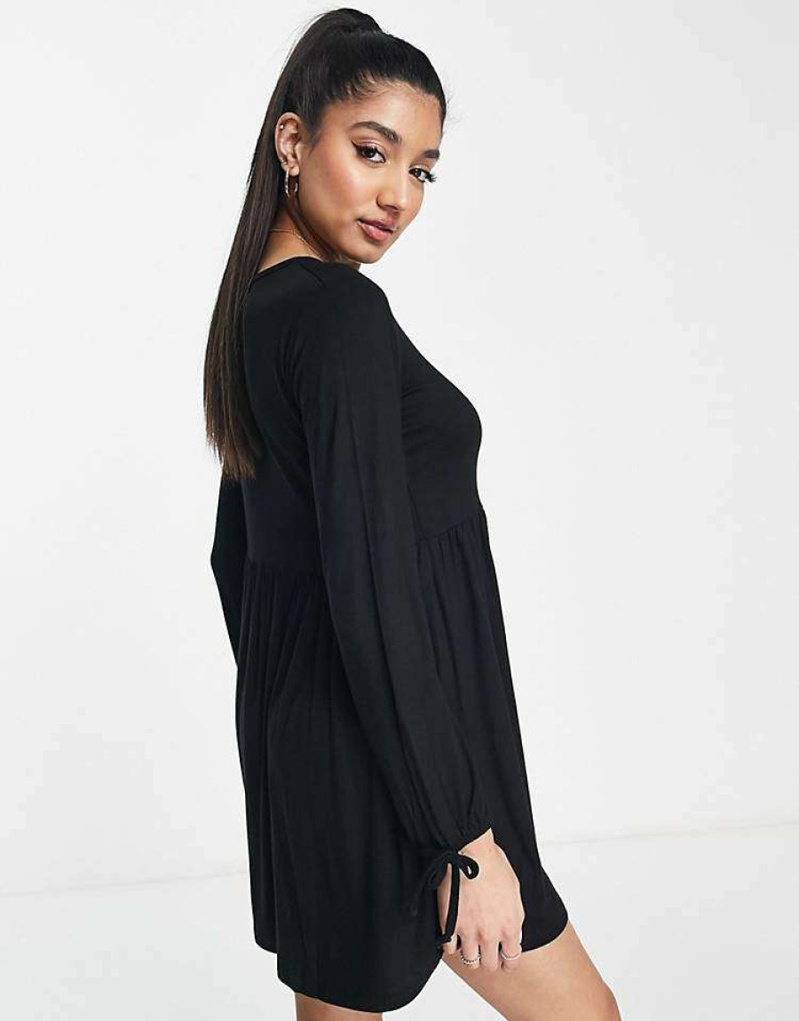 Dresses * | Wednesday'S Girl Long Sleeve Mini Smock Dress For Women Black