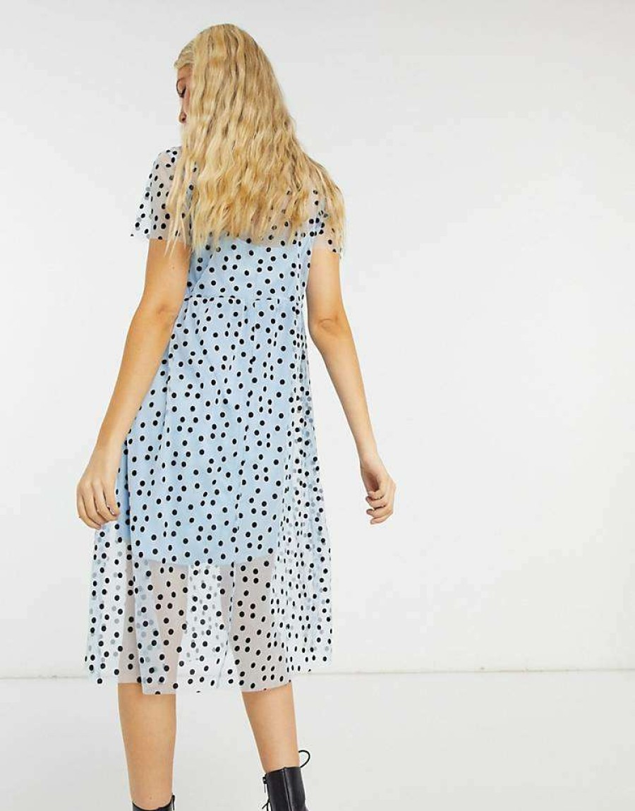 Dresses * | Wednesday'S Girl Midi Smock Dress In Spot Print For Women Light Blue