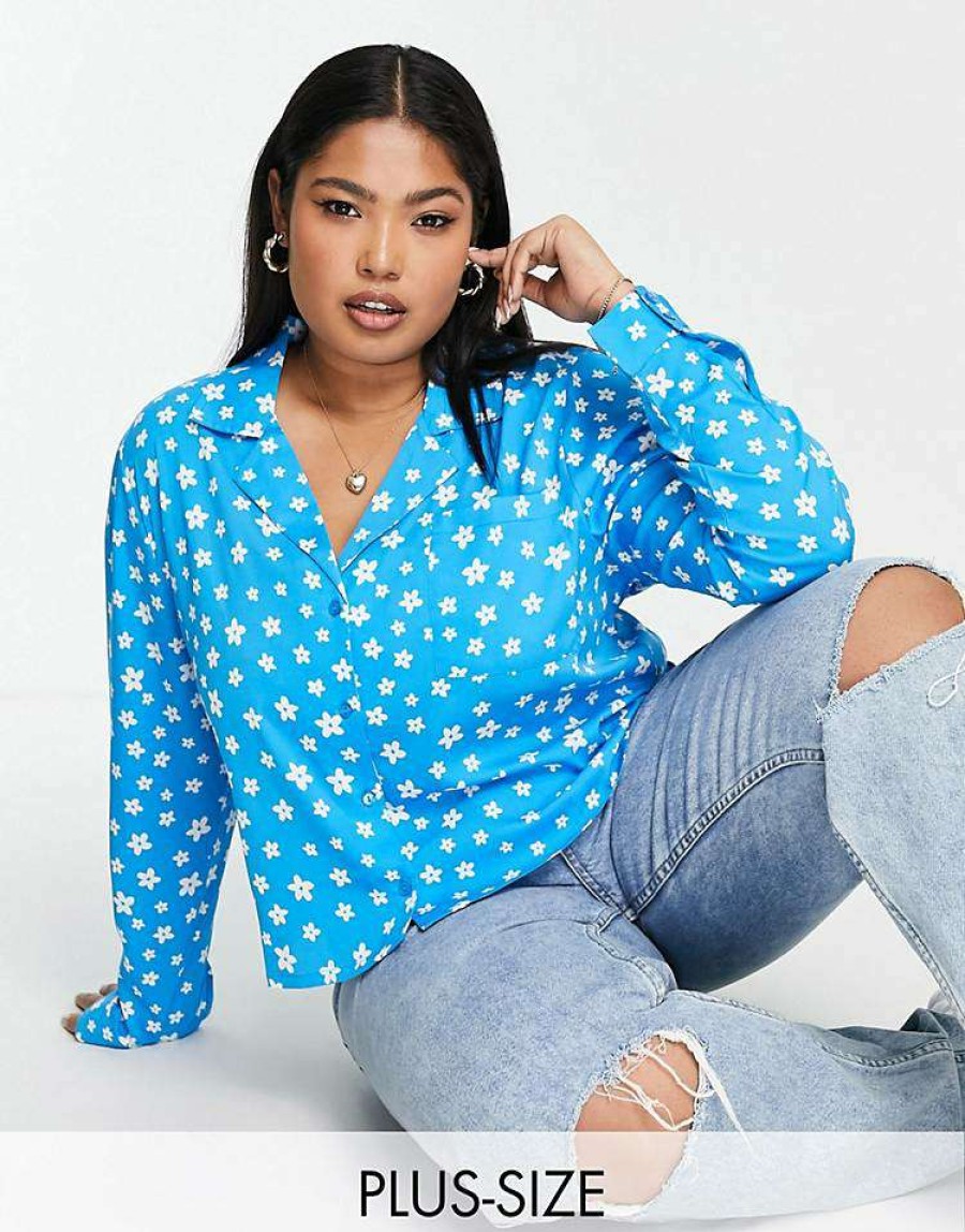 Tops * | Wednesday'S Girl Curve Relaxed Boxy Shirt In Bright Floral For Women Blue Floral