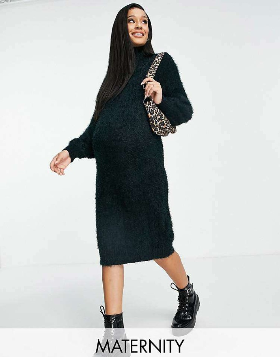 Dresses * | Wednesday'S Girl Maternity Midi Jumper Dress In Chunky Knit For Women Dark Green