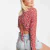 Tops * | Wednesday'S Girl Cut Out Back Long Sleeve Crop Top In Floral For Women Red Ditsy