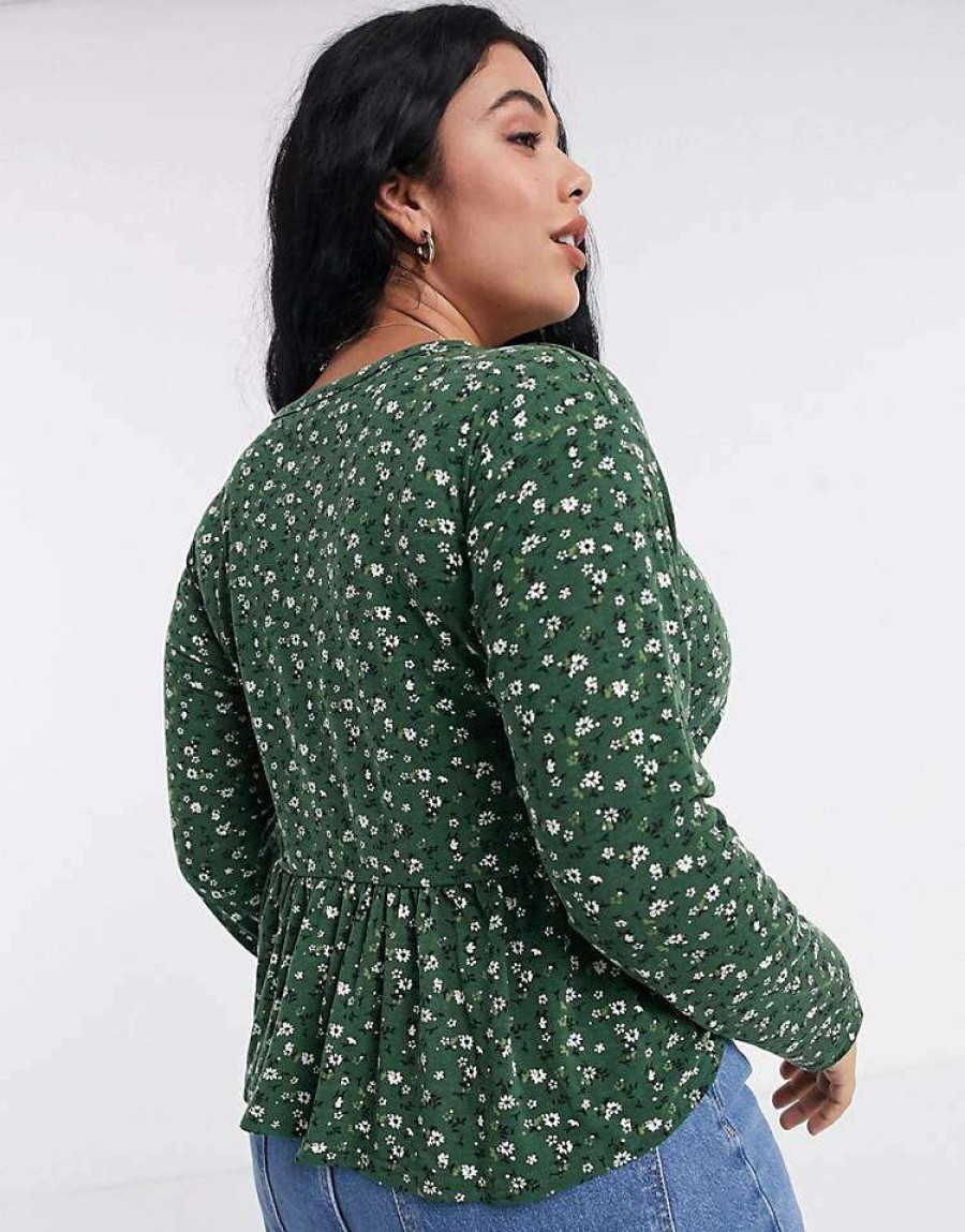 Tops * | Wednesday'S Girl Curve Relaxed Smock Top With Peplum Hem In Ditsy Floral Print For Women Dark Green Floral