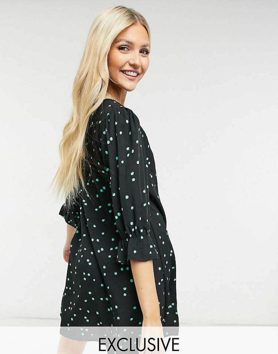 Dresses * | Wednesday'S Girl Button Front Mini Dress In Scattered Spot For Women Black Green Spot