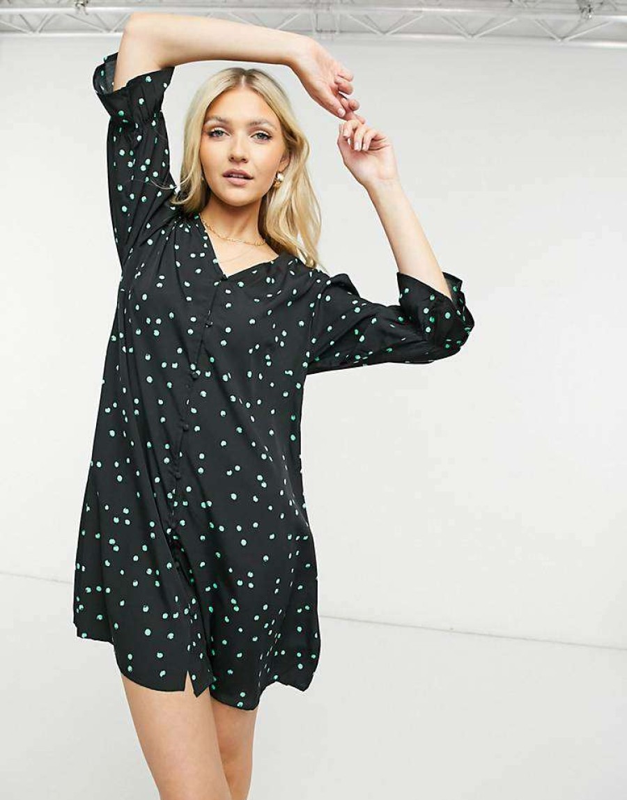 Dresses * | Wednesday'S Girl Button Front Mini Dress In Scattered Spot For Women Black Green Spot