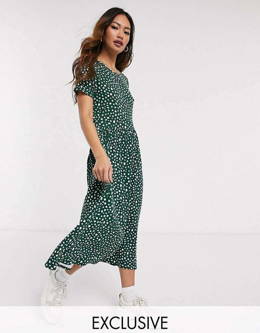 Dresses * | Wednesday'S Girl Midi Smock Dress In Smudge Spot Print For Women Forest Green