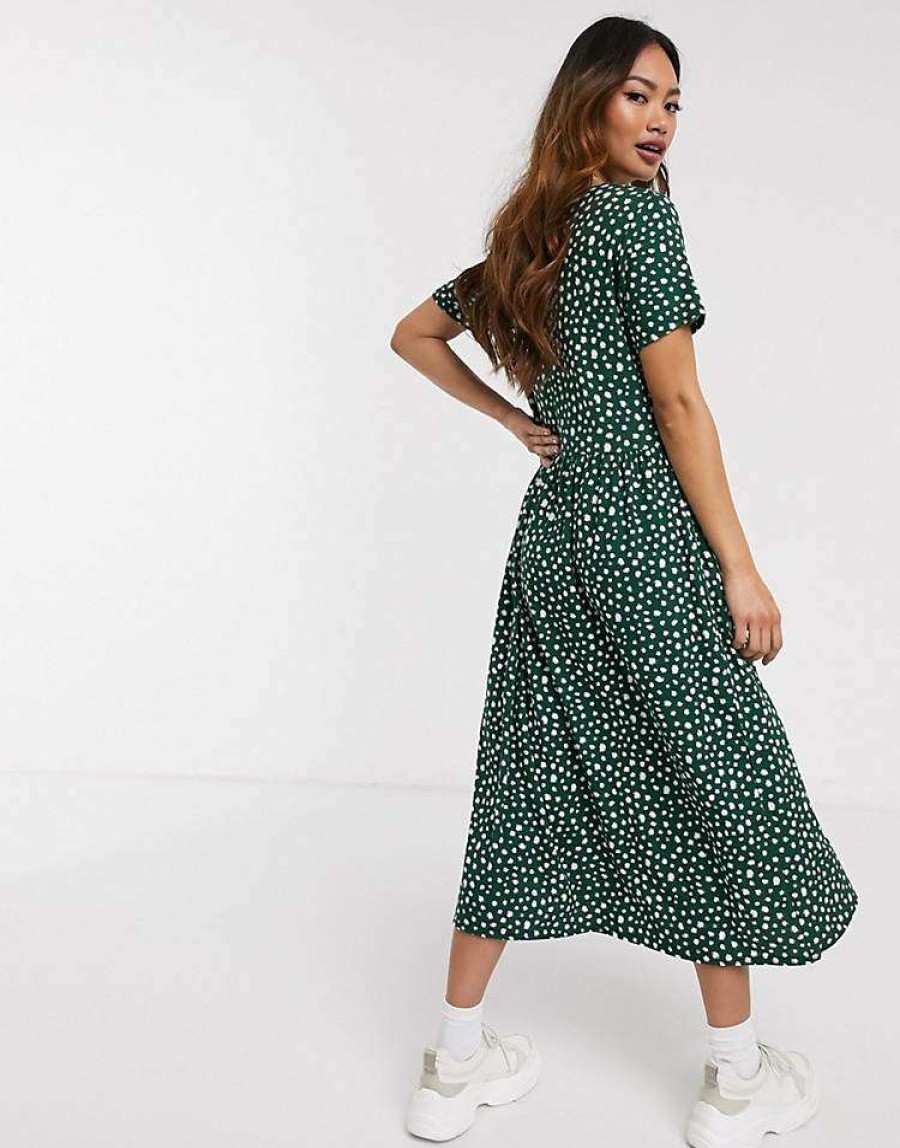 Dresses * | Wednesday'S Girl Midi Smock Dress In Smudge Spot Print For Women Forest Green