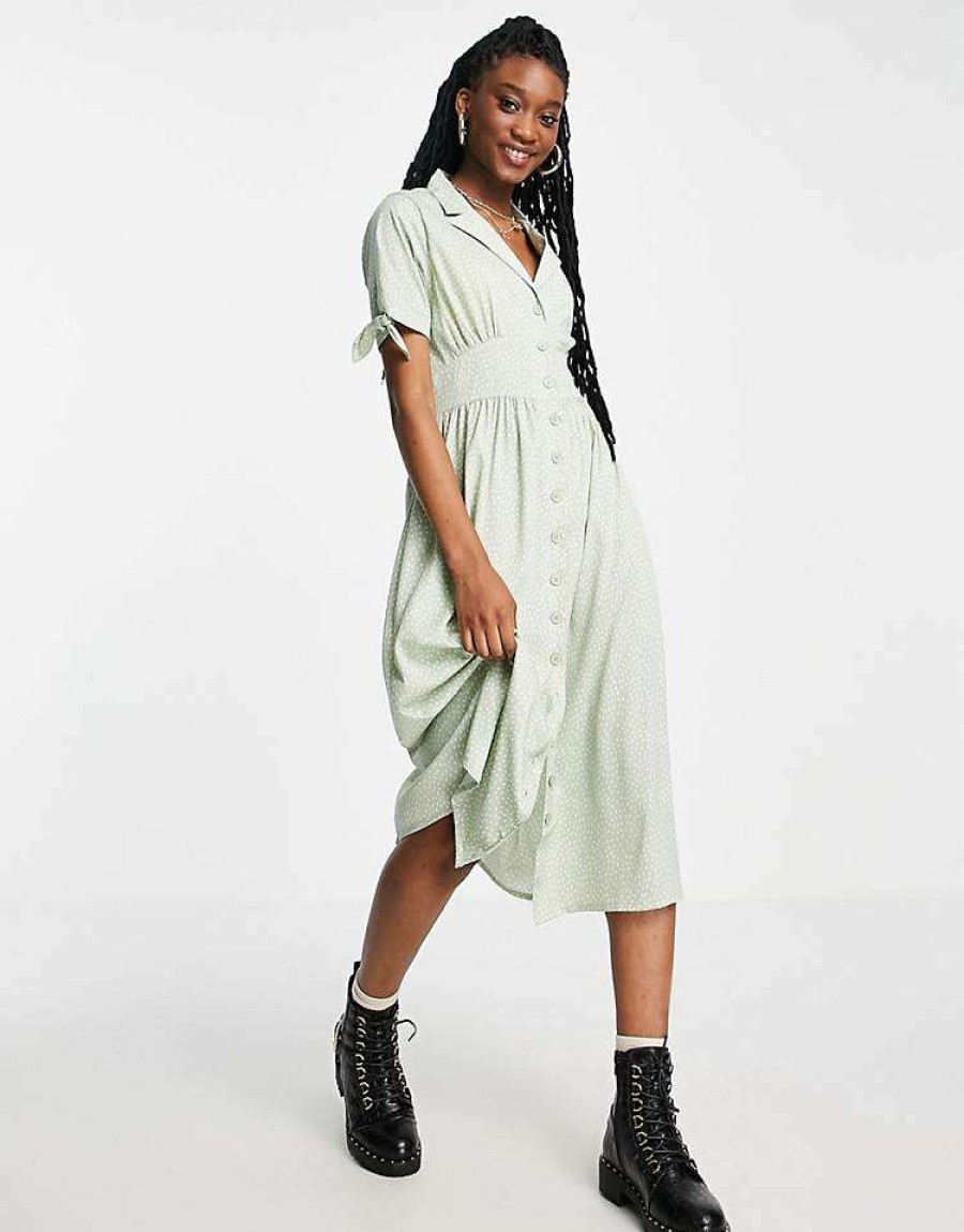 Dresses * | Wednesday'S Girl Midi Tea Shirt Dress In For Women Sage Spot