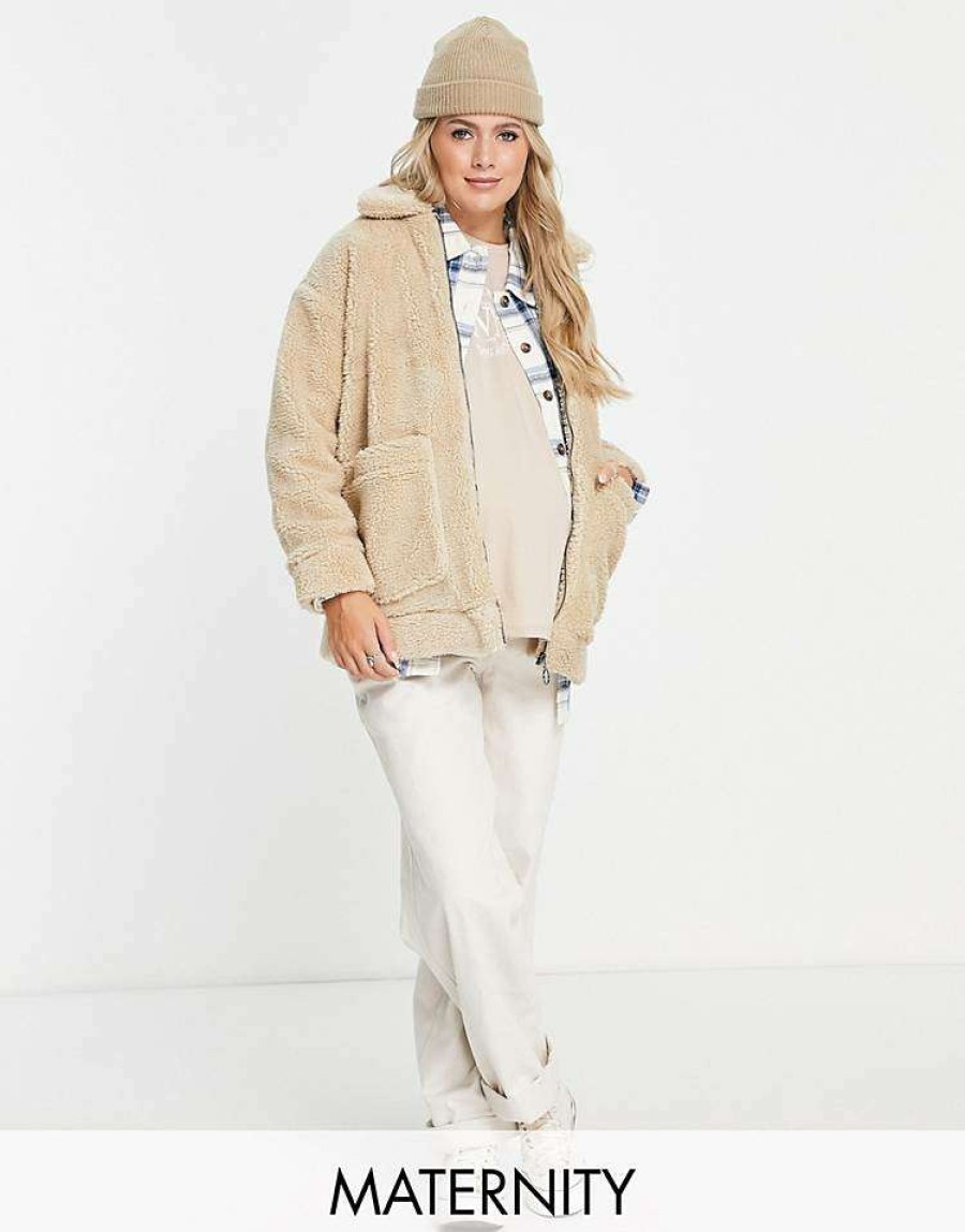 Outerwear * | Wednesday'S Girl Maternity Teddy Coat For Women Beige