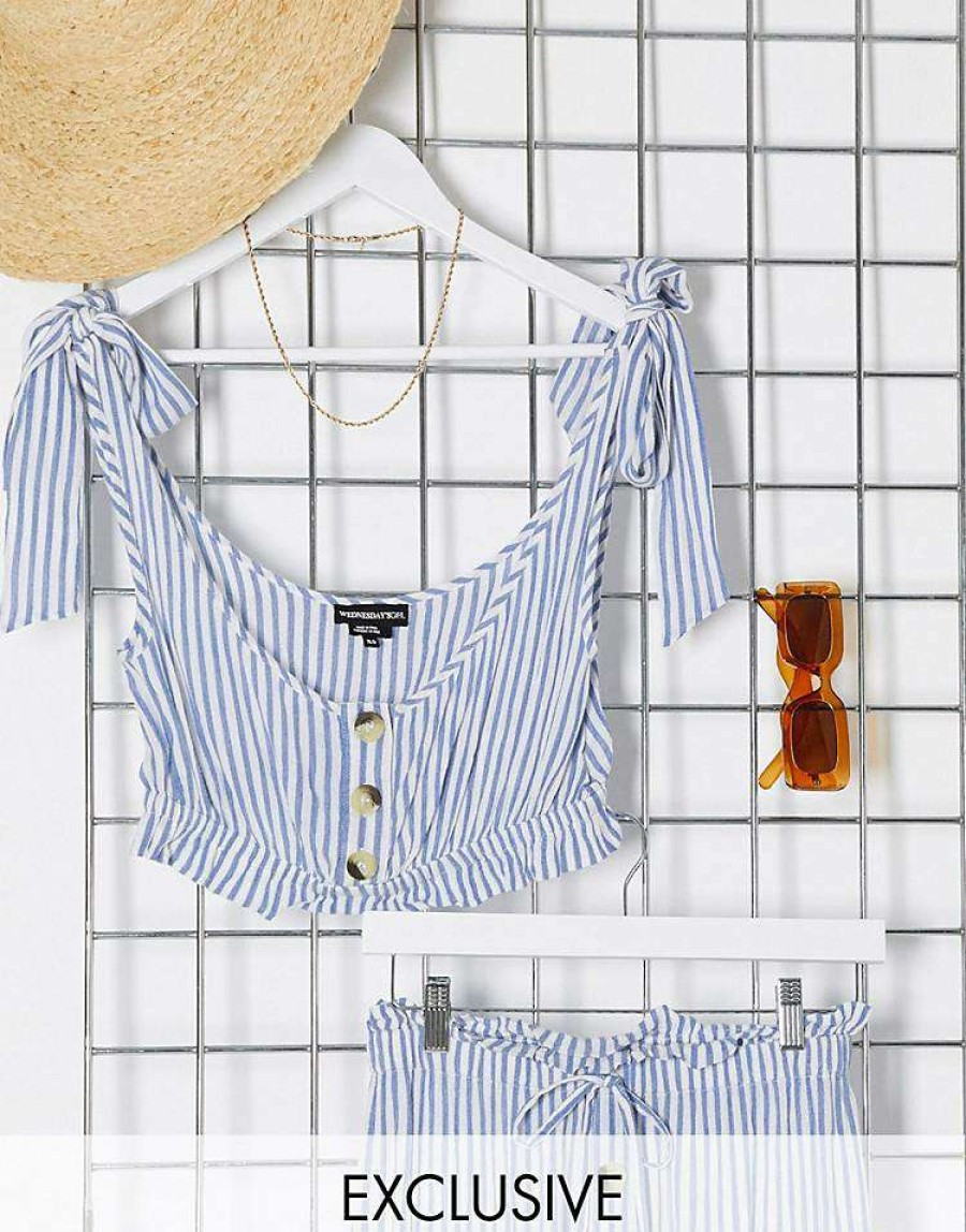 Tops * | Wednesday'S Girl Crop Top With Tie Sleeves In Stripe Co-Ord For Women White Blue Stripe