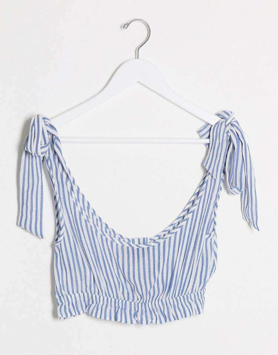 Tops * | Wednesday'S Girl Crop Top With Tie Sleeves In Stripe Co-Ord For Women White Blue Stripe