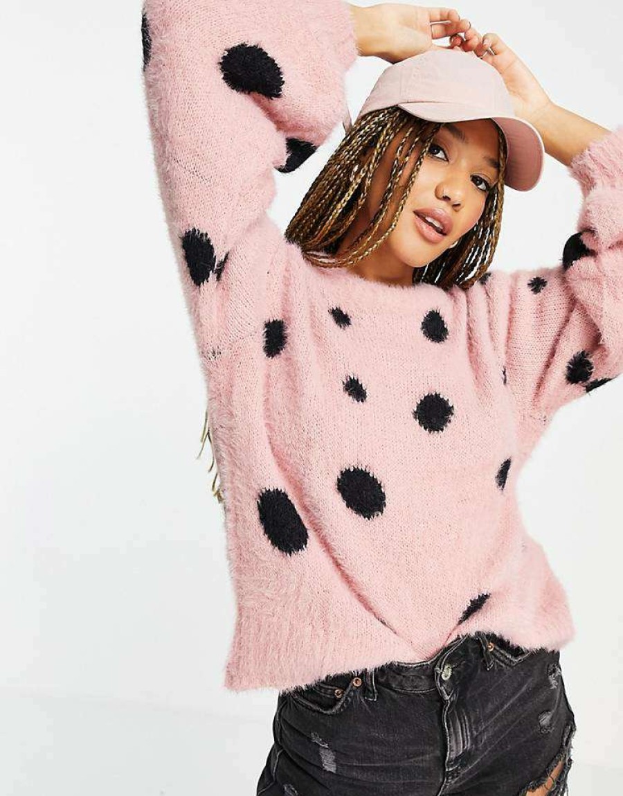 Knitwear & Sweats * | Wednesday'S Girl Oversized Jumper In Fluffy Spot For Women Pink Spot