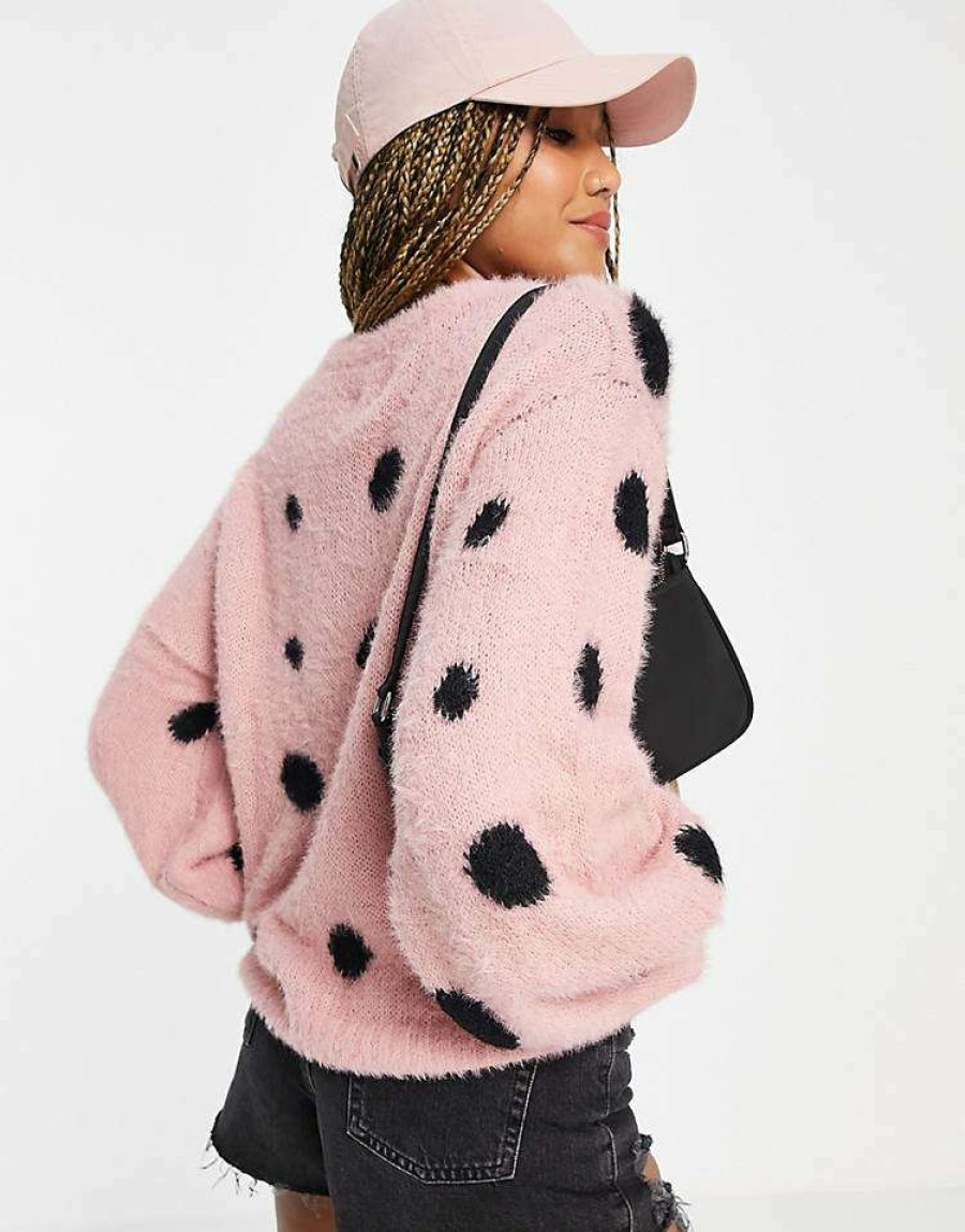 Knitwear & Sweats * | Wednesday'S Girl Oversized Jumper In Fluffy Spot For Women Pink Spot