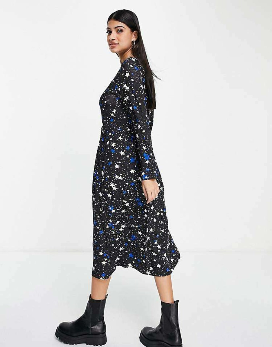 Dresses * | Wednesday'S Girl Long Sleeve Midi Smock Dress In For Women Star Print