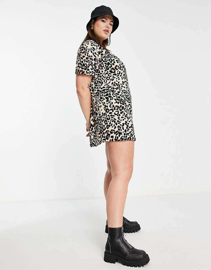 Dresses * | Wednesday'S Girl Curve Smock Mini Dress With Pleated Front In Grunge Leopard For Women Beige Leopard