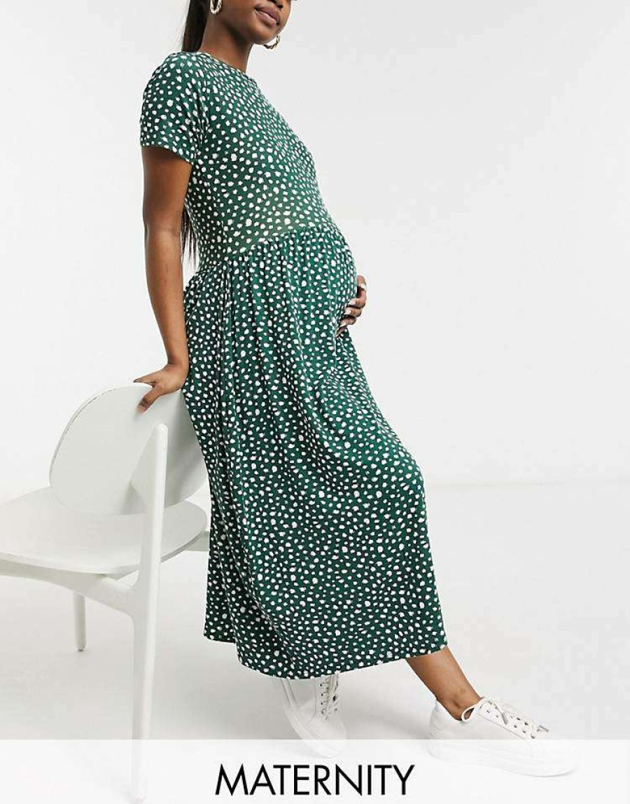 Dresses * | Wednesday'S Girl Maternity Midi Smock Dress In Smudge Spot Print For Women Forest Green Spot