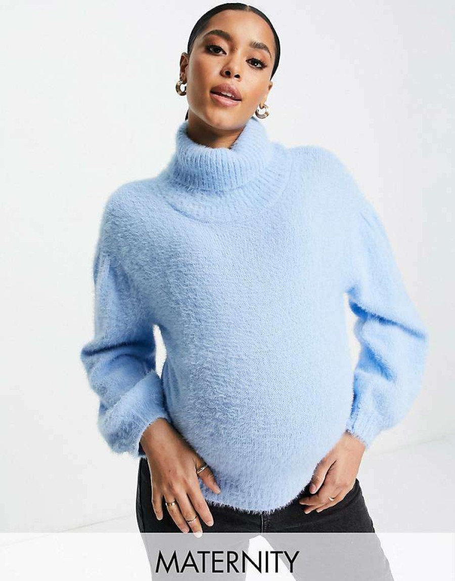 Knitwear & Sweats * | Wednesday'S Girl Maternity Ultimate Relaxed Jumper With Roll Neck For Women Light Blue