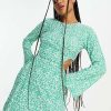 Dresses * | Wednesday'S Girl Long Sleeve Mini Dress With Cut Outs In Green Ditsy For Women Confetti Ditsy Green