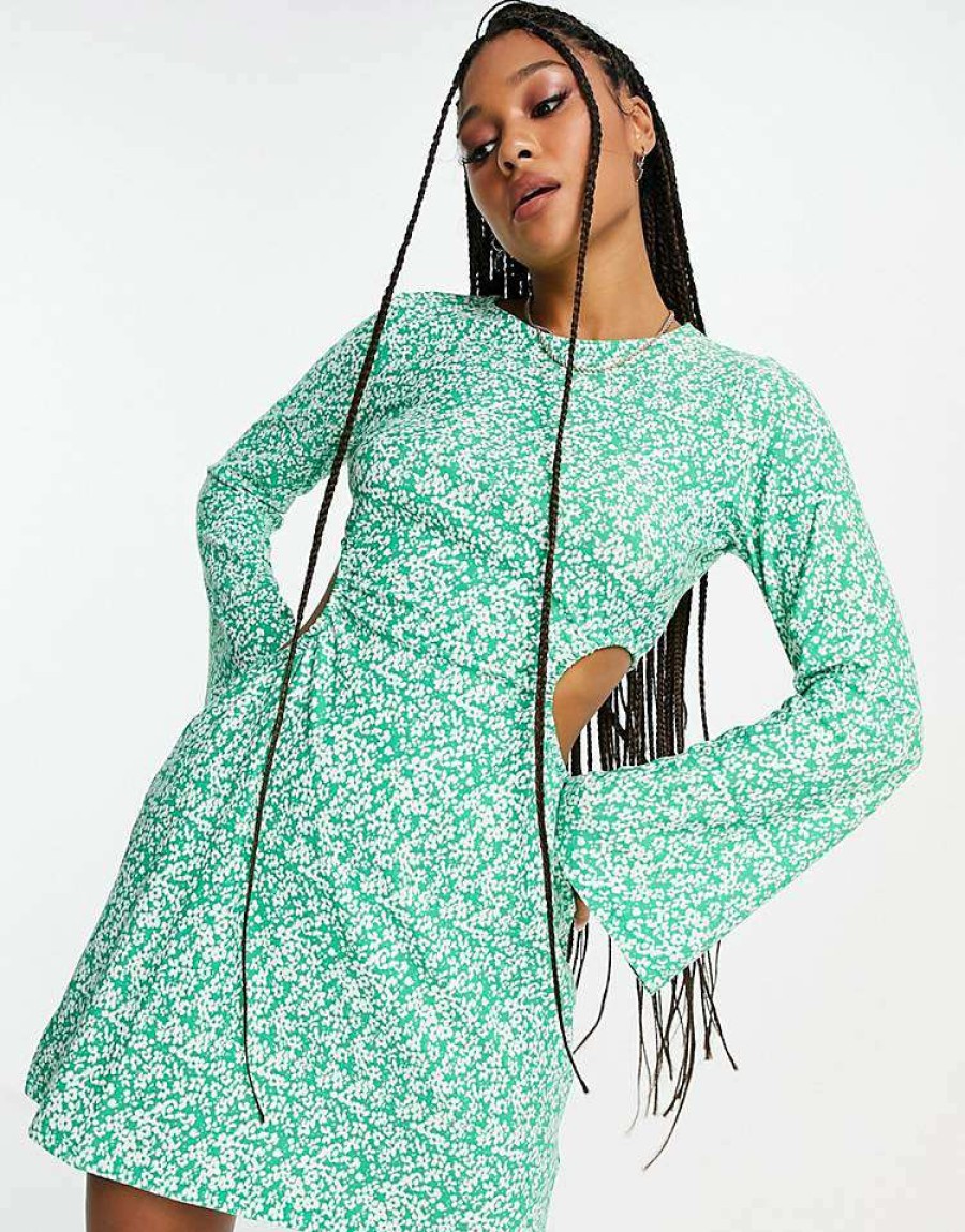 Dresses * | Wednesday'S Girl Long Sleeve Mini Dress With Cut Outs In Green Ditsy For Women Confetti Ditsy Green