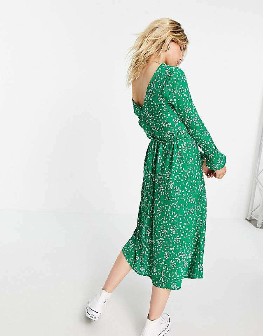 Dresses * | Wednesday'S Girl Midi Tea Dress In Ditsy Floral For Women Green Ditsy Floral