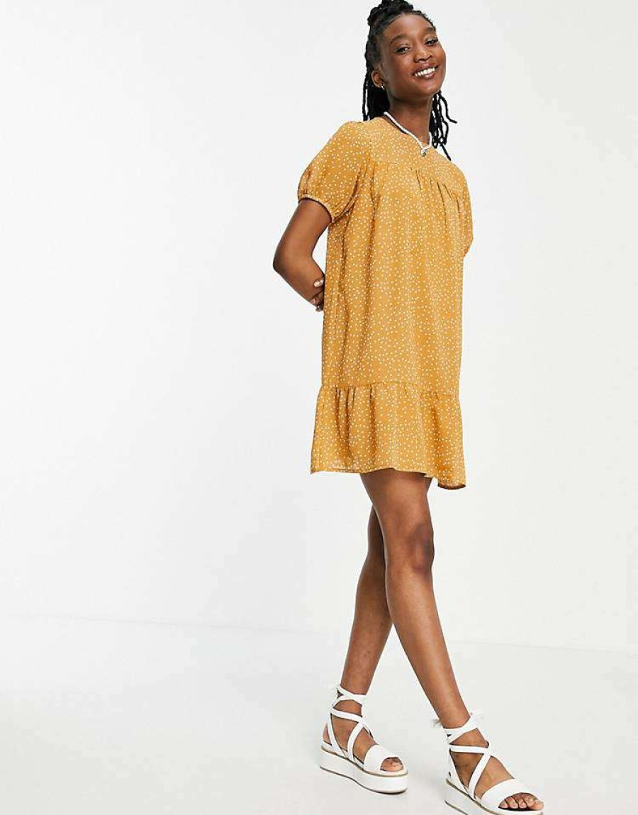 Dresses * | Wednesday'S Girl Mini Smock Dress With Peplum Hem In Polka Dot For Women Yellow Spot