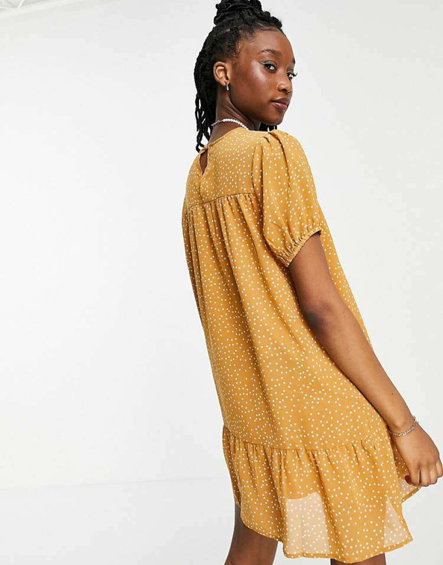 Dresses * | Wednesday'S Girl Mini Smock Dress With Peplum Hem In Polka Dot For Women Yellow Spot