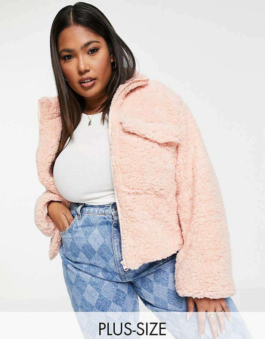 Outerwear * | Wednesday'S Girl Curve Oversized Jacket With Pocket In Teddy Fleece For Women Light Pink