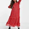 Dresses * | Wednesday'S Girl Frill Detail Midi Smock Dress In For Women Red Heart Print