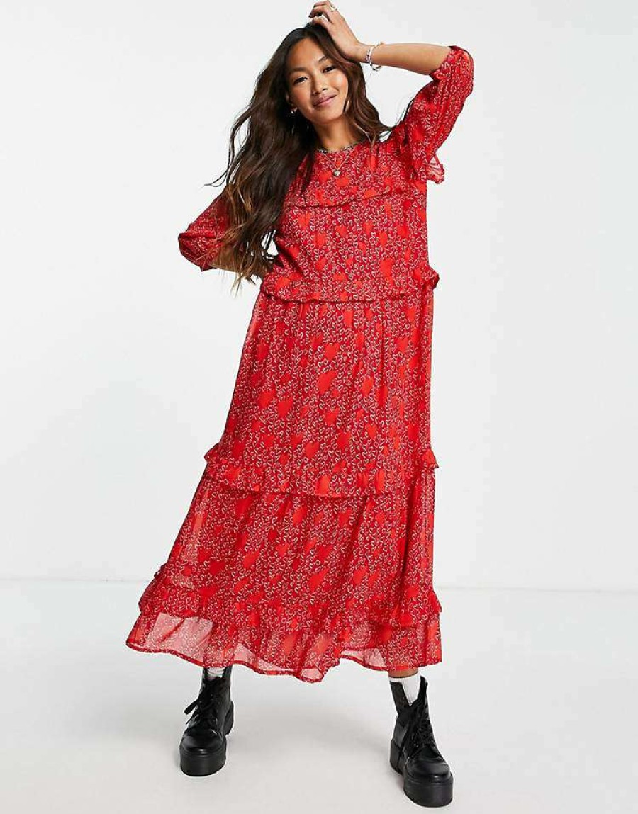 Dresses * | Wednesday'S Girl Frill Detail Midi Smock Dress In For Women Red Heart Print