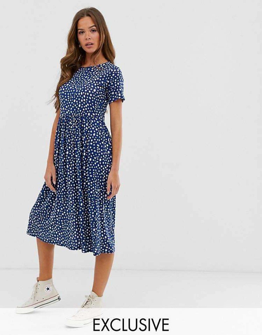 Dresses * | Wednesday'S Girl Midi Smock Dress In Smudge Spot Print For Women Navy White Spot