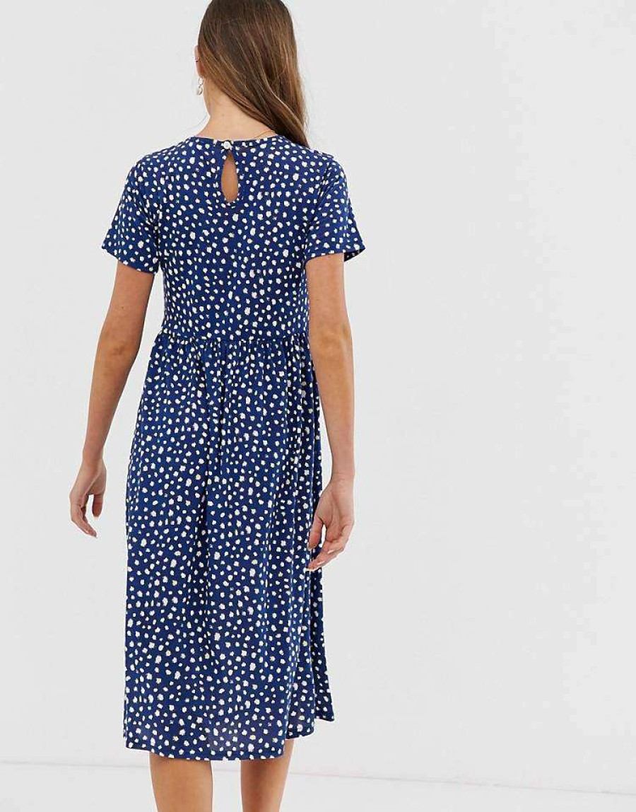 Dresses * | Wednesday'S Girl Midi Smock Dress In Smudge Spot Print For Women Navy White Spot