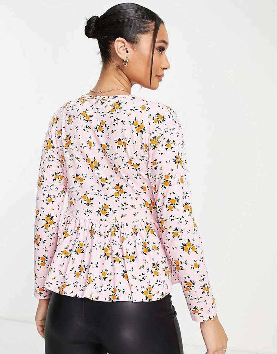 Tops * | Wednesday'S Girl Maternity Relaxed Smock Top With Peplum Hem In Pretty Floral For Women Pink Red Floral