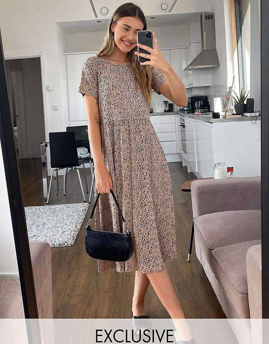 Dresses * | Wednesday'S Girl Midi Smock Dress In Smudge Spot Print For Women Beige Smudge Spot