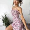 Dresses * | Wednesday'S Girl Mini Cami Dress With Ruching In Pretty Summer Floral For Women Pink Red Floral