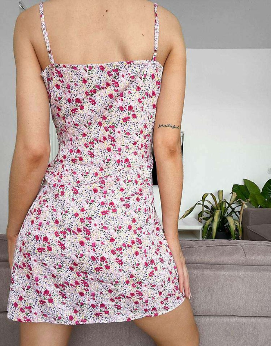 Dresses * | Wednesday'S Girl Mini Cami Dress With Ruching In Pretty Summer Floral For Women Pink Red Floral