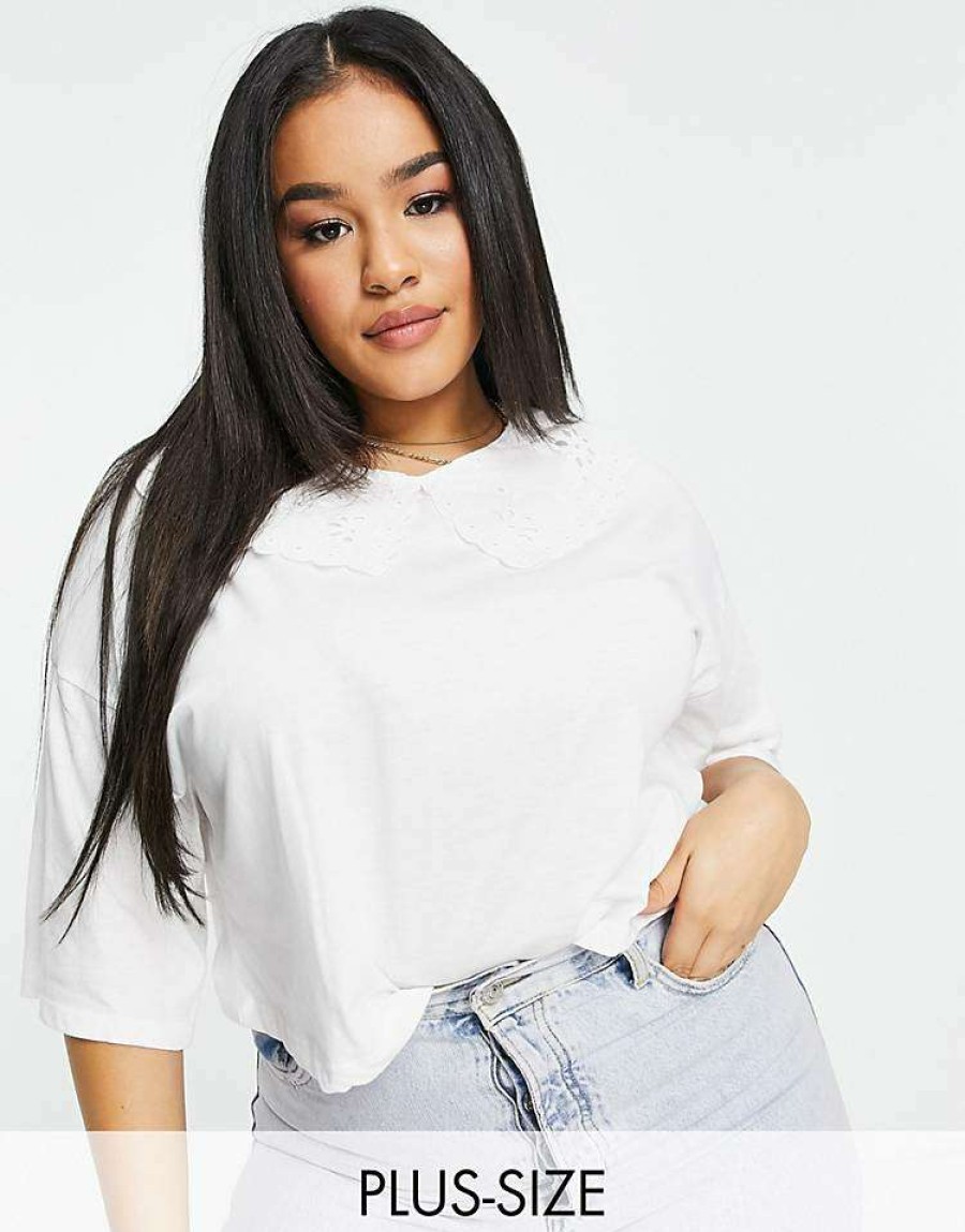 Tops * | Wednesday'S Girl Curve T-Shirt With Broderie Collar For Women White