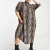 Dresses * | Wednesday'S Girl Curve High Neck Midi Smock Dress With Shirring In For Women Grunge Leopard