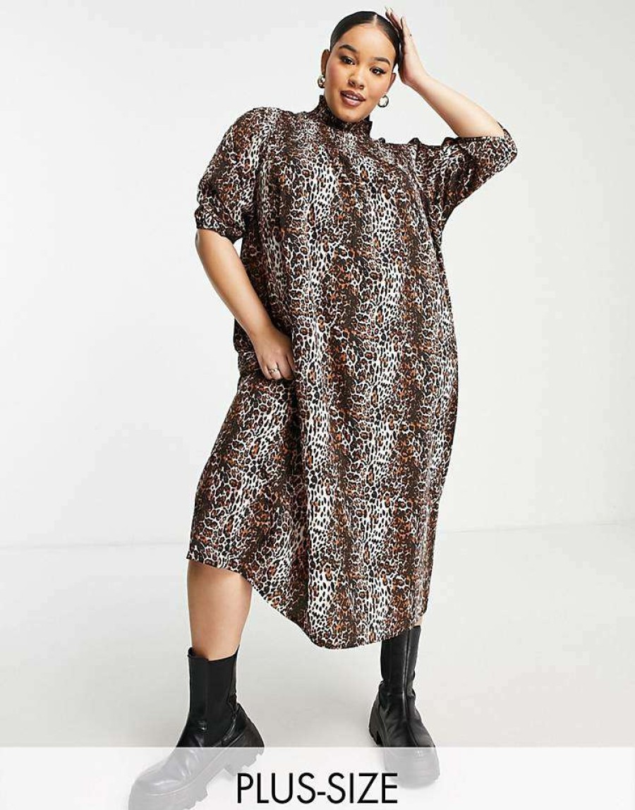 Dresses * | Wednesday'S Girl Curve High Neck Midi Smock Dress With Shirring In For Women Grunge Leopard